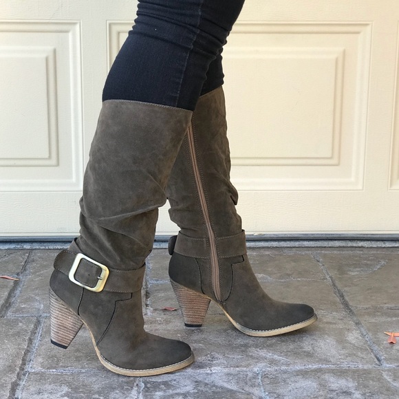 Taupe Block Chunky Heel Buckle Knee-High Boots - Picture 3 of 6